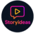 Logo of "Storyideas" featuring a speech bubble with a play button inside, rendered in a gradient of pink, orange, and yellow on a dark background.